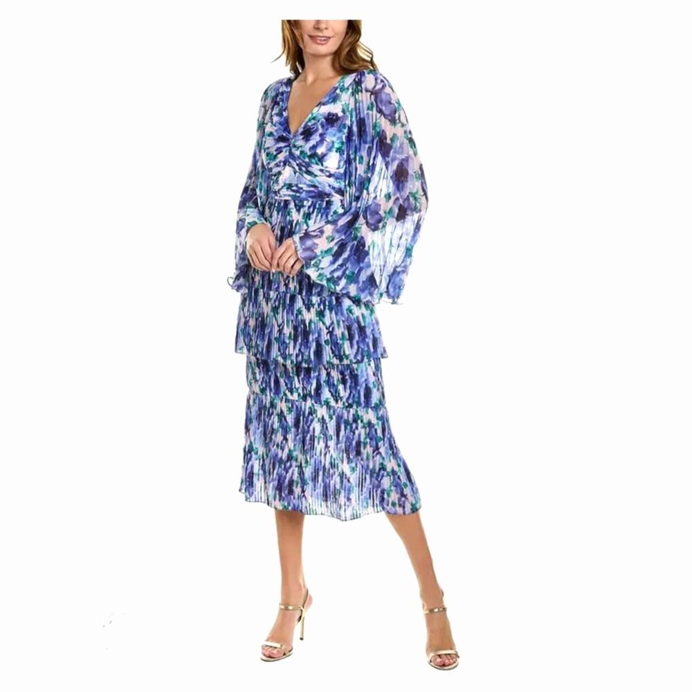 New Theia Gemma $995 MSRP Blue & White Floral Bell Sleeve Cocktail Dress